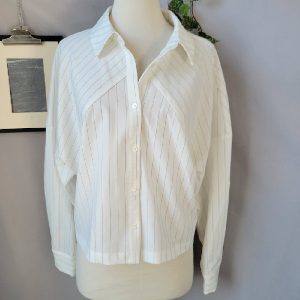 Halogen Stripe Woven Button‎ Up Shirt White Gray M